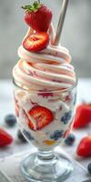 Delicious swirl of soft serve ice cream topped with fresh strawberries and blueberries in a glass dessert dish photo
