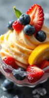 Delicious frozen dessert topped with fresh berries and citrus in a clear glass bowl photo