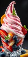 Delightful frozen yogurt topped with fresh fruits and mint leaves in a clear dessert cup photo