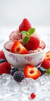 Strawberry ice cream served in a decorative bowl with fresh berries on a bed of ice photo