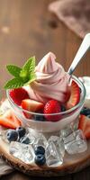 Delicious frozen yogurt topped with fresh berries and mint on a wooden table photo