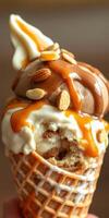 Enjoying a delicious ice cream cone topped with caramel and almonds at a dessert shop photo