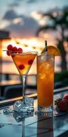 Citrus and berry cocktails served at sunset by the beach with palm trees in the background photo