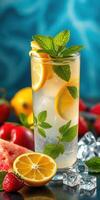 Refreshing citrus drink with mint and fruits in a vibrant setting perfect for summer enjoyment photo