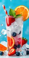 Refreshing summer beverage with fruits and ice set against a blue background photo