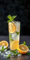 Refreshing lemonade drink garnished with mint leaves and lemon slices on a dark background photo