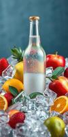 Refreshing beverage surrounded by vibrant fruits and ice in a cool setting photo