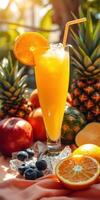 Refreshing fruit cocktail featuring orange, pineapple, and assorted fruits in a vibrant, sunny setting photo