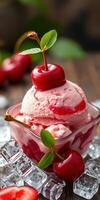 Delicious cherry ice cream sundae served in a clear bowl with fresh cherries and mint leaves on a wooden table photo