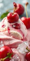 Cherry ice cream delight with fresh cherries and ice on a sunny day photo