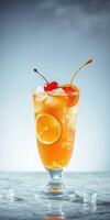 Refreshing citrus drink garnished with cherries and orange slices served in a tall glass with ice photo