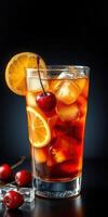 Refreshing beverage with citrus and cherries in a glass on a dark background photo