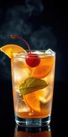 Refreshing cocktail with citrus and cherry garnish served in a glass against a dark background photo