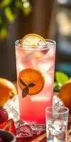 Refreshing summer cocktail served with citrus slices and garnished with mint leaves on a wooden table photo
