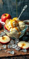 Delicious ice cream dessert with fresh apple slices and caramel drizzle on a wooden table photo