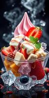 Colorful dessert bowl with fresh fruits, soft-serve ice cream, and syrup on a dark background photo