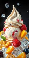 Delicious dessert with creamy ice cream topped with fresh fruits and ice cubes on a dark background photo