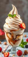 Delicious soft serve ice cream topped with caramel and fresh berries served in a glass bowl photo