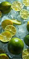 Fresh limes and lemon slices resting on ice in a vibrant display captured in a bright setting photo
