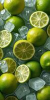 Fresh limes and ice cubes arranged in a vibrant display for a refreshing drink during summer photo