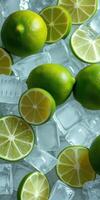 Fresh limes cut and arranged on ice for a refreshing summer drink preparation photo