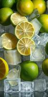 Fresh lime and lemon slices arranged with ice cubes create a vibrant and refreshing display in a summer setting photo