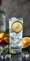 Refreshing cocktail with citrus garnishes served in a tall glass, perfect for a summer gathering, with ice cubes and vibrant fruit photo