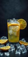 Refreshing lemonade with ice and lemon slices surrounded by fresh orange segments photo
