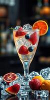 Sparkling fruit cocktail with ice featuring strawberries, blueberries, and citrus garnishes in a dimly lit bar photo