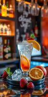 Refreshing cocktail with vibrant fruit garnishes served in a classy bar setting during an evening gathering photo
