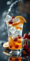 Refreshing summer drink with ice, fruit, and vibrant colors in a bright kitchen setting photo