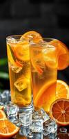 refrescante agrios bebidas con hielo y naranja rebanadas en un oscuro antecedentes foto