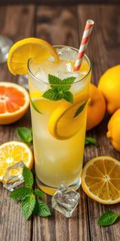 Fresh citrus lemonade served with mint and ice in a glass on a wooden table surrounded by oranges and lemons photo