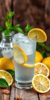 Refreshing lemonade with ice and lemon slices on a wooden table surrounded by fresh lemons photo