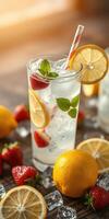 Refreshing lemonade drink with strawberries and mint served on a wooden table in natural sunlight photo