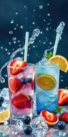 Refreshing summer drinks with colorful fruits and ice creating splashes in cool beverages photo