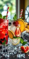Refreshing summer cocktails with fresh fruits and ice in a vibrant setting photo