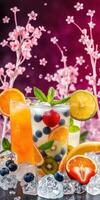 Refreshing summer drinks with fresh fruits and flowers creating a vibrant atmosphere across the table photo