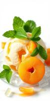 Creamy ice cream topped with fresh apricots and mint leaves on ice for a refreshing dessert experience photo