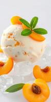 Delicious apricot ice cream with fresh fruit and mint served on ice photo