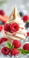 Delicious soft serve ice cream topped with fresh raspberries and mint leaves at a summer dessert setting photo