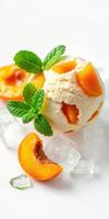 Creamy apricot ice cream with fresh fruit and mint leaves served on ice cubes photo