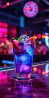 Colorful cocktail with fruits and ice at a vibrant bar during a lively night photo