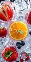 Fresh fruits and ice cubes create a vibrant and refreshing display in a stylized arrangement photo