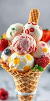 Colorful ice cream cone topped with various flavors and fresh fruits in a bright setting photo