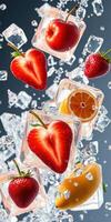 Fresh fruits submerged in ice cubes create a vibrant, refreshing arrangement for summer drinks or desserts photo
