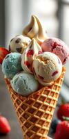 Colorful ice cream cone with various flavors served with strawberries in a cozy setting photo