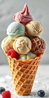 Colorful ice cream cone stacked high with various flavors and toppings in a bright setting photo