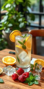 Refreshing lemon mint drink served with fresh raspberries and ice in a cozy indoor setting photo
