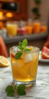 Refreshing drink garnished with mint leaves on a marble table with colorful beverages in the background photo